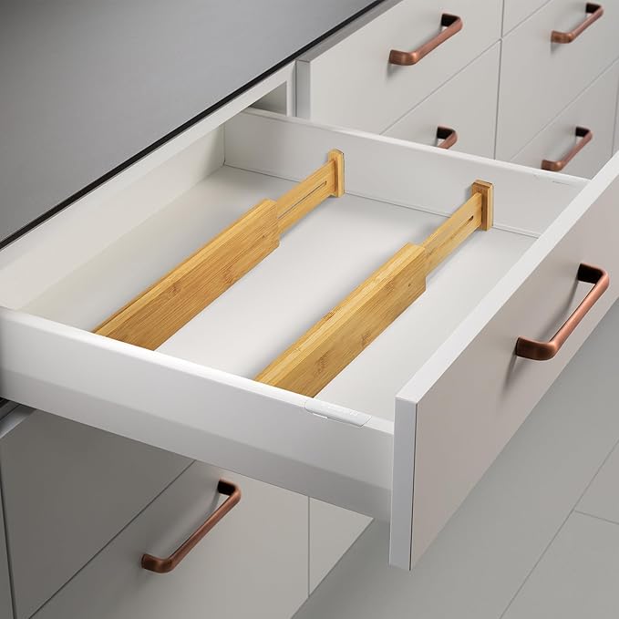 VaeFae 6-Pack Bamboo Drawer Dividers – Adjustable 14"-19.1" (Fits 15"-18" Drawers ONLY), Spring-Loaded Expandable Organizer for Kitchen, Bedroom, Office & Bathroom, MUST MEASURE Before Purchase