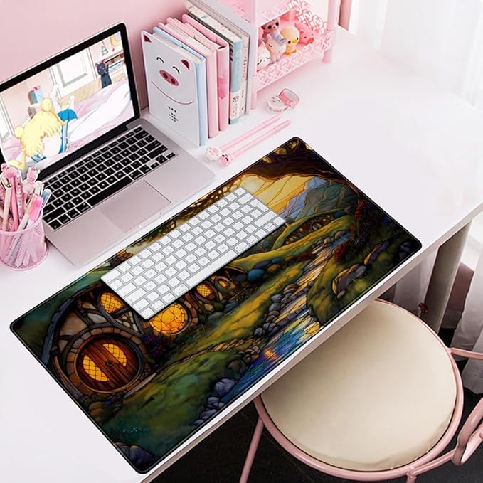 Cute House Anime Mouse Pad Desk Mat Gaming Playmat MTG Game Mat Large Gaming Mousepad for Desk Computer Keyboard Laptop Pad, Desk Decor Home Office with Stitched Eges Pad (31.5x15.7 in)