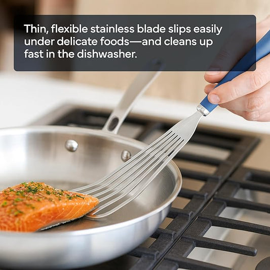 Misen Fish Stainless Steel Spatula - Slotted Turner for Cooking - Perfect for Frying - Heat Resistant - Dishwasher Safe -1mm Thick Flexible Flipper - Soft Silicone Grip Handle for Easy Use