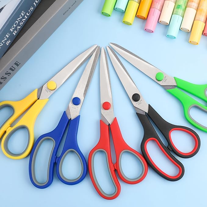 5-Pack, 8" Scissors All Purpose Comfort-Grip Handles Sharp Scissors for Office Home School Craft Sewing Fabric Supplies, High/Middle School Student Teacher Scissor, Right/Left Handed
