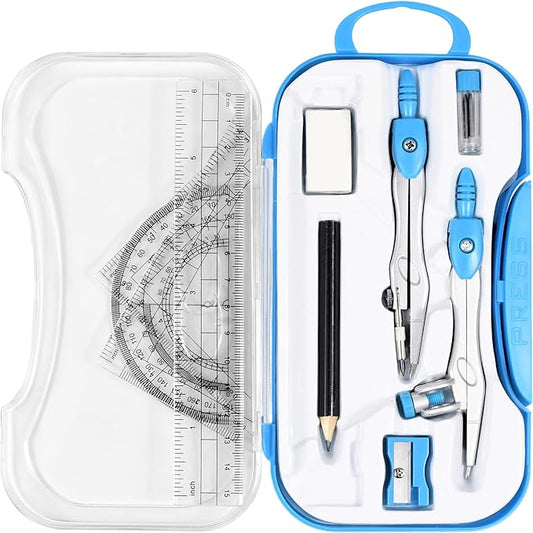10 Pieces Math Geometry Kit Set Student Supplies with Shatterproof Storage Box,Includes Rulers,Protractor,Compass,Eraser,Pencil Sharpener,Lead Refills,Pencil,for School and Drawings(Blue)