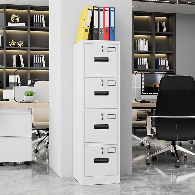 Aobabo 4 Drawer File Cabinet, Metal Filing Cabinet with Lock, Suitable for Home Office School Hanging Files Letter/Legal/A4 Size,White,Required-Assembly,17.72" D x 14.96" W x 55.2" H