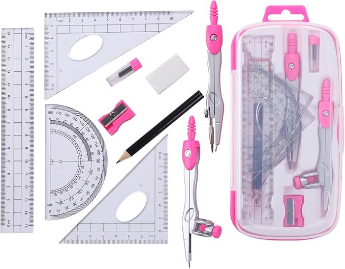 Math Geometry Kit Sets 10 Piece Student Supplies with Shatterproof Storage Box,Includes Rulers,Protractor,Compass,Eraser,Pencil Sharpener,Lead Refills,Pencil,for Drafting(Pink)