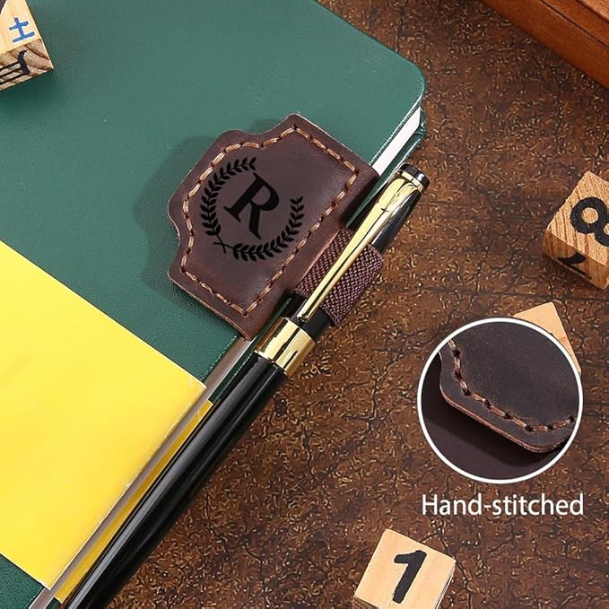 Custom Bookmark with Pen Holder with 26 Letters Personalized Magnetic Leather Book Mark, Customized Name Book Marker Clip with Initial for Men Women, Gifts for Book Lovers, Readers, (Blue, P)