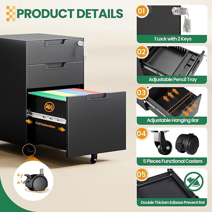 Mobile File Cabinet,3 Drawer Locking Storage Filing Cabinet,Office Metal Storage Cabinet on Wheels for Legal/Letter/A4 File(Fully Assembled,Black)