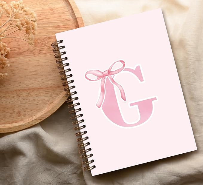 Coquette Trendy Preppy Pink Bow Spiral Notebook,Initial G Journal Personalized Teen Girl Gifts,Monogrammed Gifts for Women Teen Girl,College Ruled Hardcover Spiral Notebook 5.5 x 8.3
