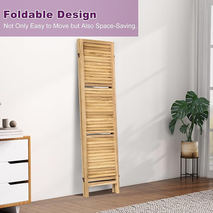 Room Divider with Shelves, 5.6FT Folding Room Divider Panel, 4 Panel Wood Partition Wall Divider for Room Separation, Natural Wood