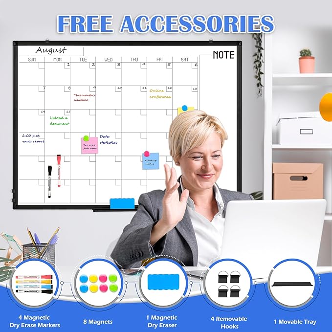 WALGLASS Dry Erase Calendar Whiteboard, 48" x 36" Monthly Large Dry Erase Calendar for Wall, Double-Sided Hanging White Board with Black Aluminum Frame for Home, School, Office, Kitchen