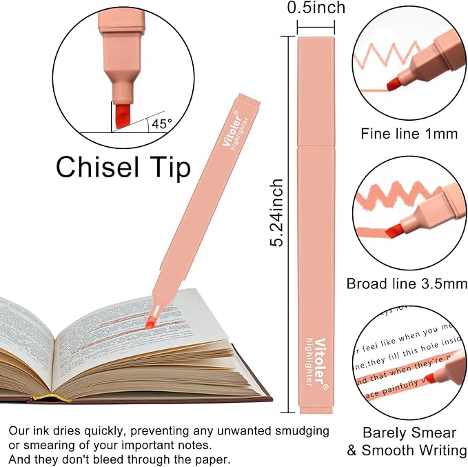 Vitoler Bible Highlighters with Soft Chisel Tip,10Pcs,Aesthetic No Bleed Dry Fast Easy to Hold, Bible Highlighters,Cute Highlighter for School Office Supplies