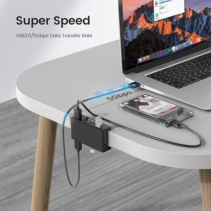 ORICO USB 3.0 Hub, USB Hub Clamp, Aluminum 4-Port USB Splitter with Extra Power Supply Port and 4.92 FT USB Data Cable, Desktop Powered USB Hub for Monitors/Desks-Black (Without Power Adapter)