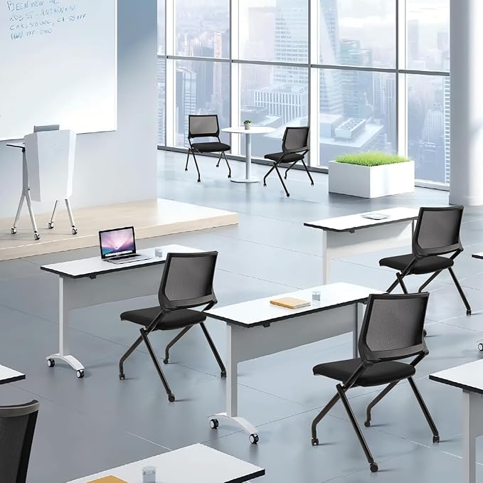 CLATINA Stackable & Foldable Conference Room Chairs, Waiting Room Chairs with Wheels & Lumbar Support, Ergonomic Mesh Bouncing Back Folding Chair for Office Meeting Schools Training Room, Black(2pk)
