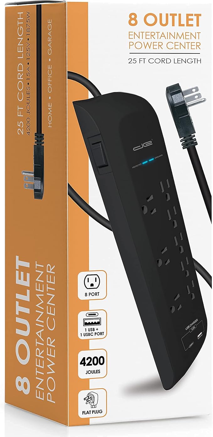 Digital Energy 25 FT USB-C and USB-A 8 Outlet 4200 Joules Surge Protector Power Strip, 3 Wide Spaced Outlets, Black
