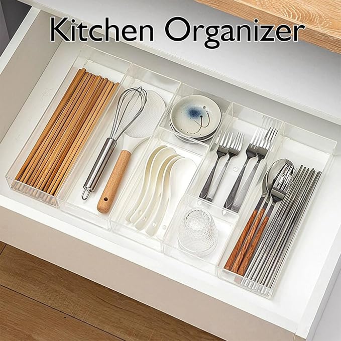 Stackable Acrylic Drawer Organizer Set, 18 PCS Multi-Size Storage Bins for Makeup, Office Desk, Bathroom, Vanity and Kitchen Utensils