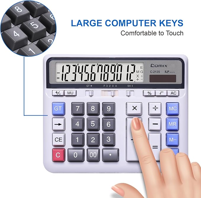 Comix Desktop Calculator Solar Battery Dual Power with 12-Digit Large LCD Display and Large Computer Keys Standard Function Calculator for Home Office School, White