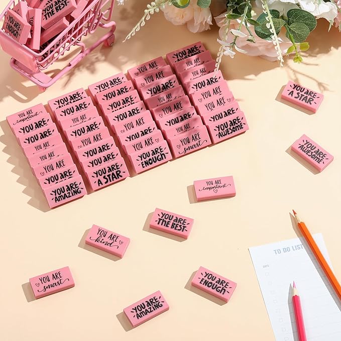 PerKoop 100 Pcs Pcs Inspirational Pink Erasers Bulk Small Motivational Block Pencil Erasers Back to School Gifts for Classroom Students Teachers Office Stationery Supplies
