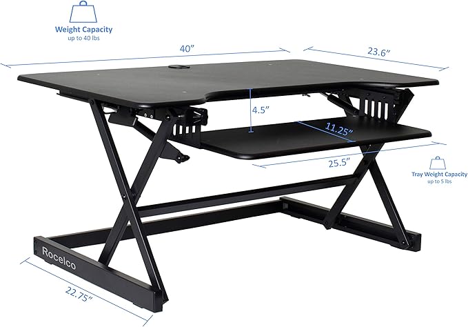 Rocelco 40" Large Height Adjustable Standing Desk BUNDLE - Quick Sit Stand Up with Floor Stand - Tall Gas Spring Assist Computer Workstation - Retractable Keyboard Tray - Black (R DADRB-40-FS2)