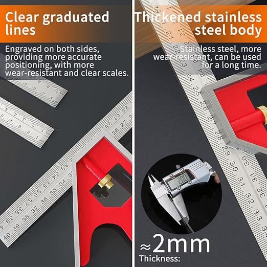 BAUSATZ Combination Square 400mm Carpenter Square Woodworking Square Ruler Protractor Angle Finder Combo Square Tool 180° Angle Ruler Carpenter Tool Combination Square Set with Bubble Level