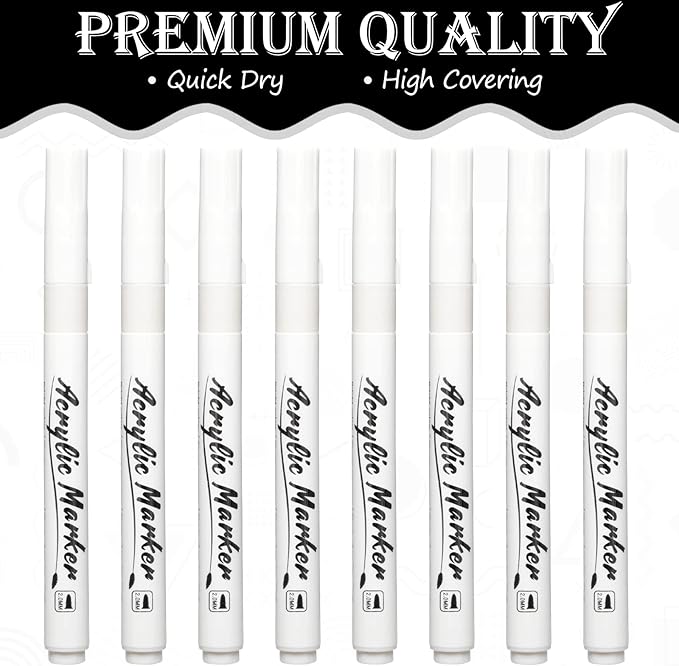 White Markers Pen, 8 Pack Paint Pens, Fine Tip Acrylic White Permanent Markers for Sketching, Drawing, Wood, Rock, Tyres, Plastic, Leather, Glass, DIY Painting