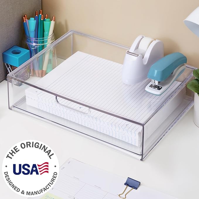 STORi STAX Plastic Stackable Organizer Drawer in Clear | 12.5-inches Wide | Organize Office Desk Accessories and Sort Letter-Size Paper | Made in USA