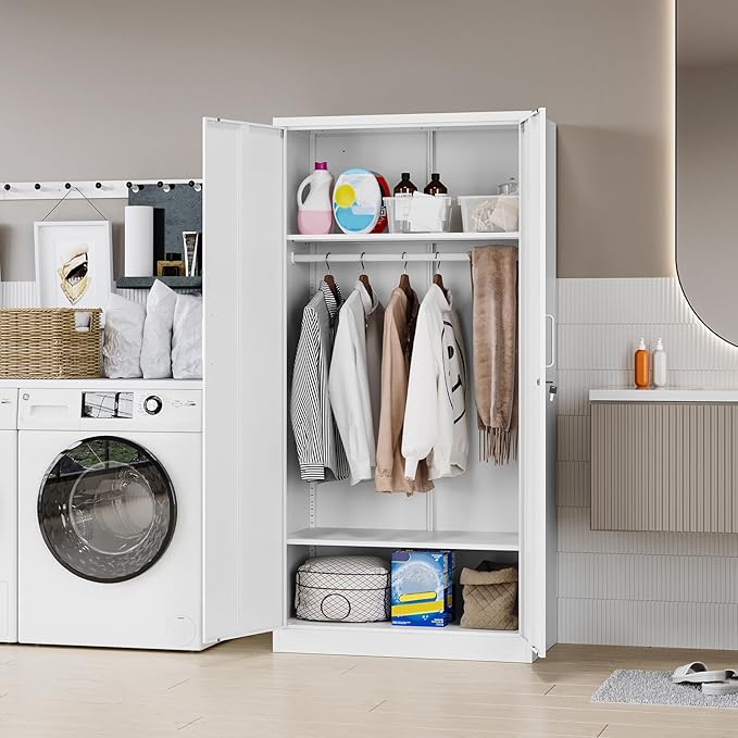 MIIIKO Metal Clothing Storage Locker, Steel Wardrobe Cabinets with Shelves and Hanging Rod, 72" Large Storage Locker Closet for Garments, Sports Equipment and Shoes