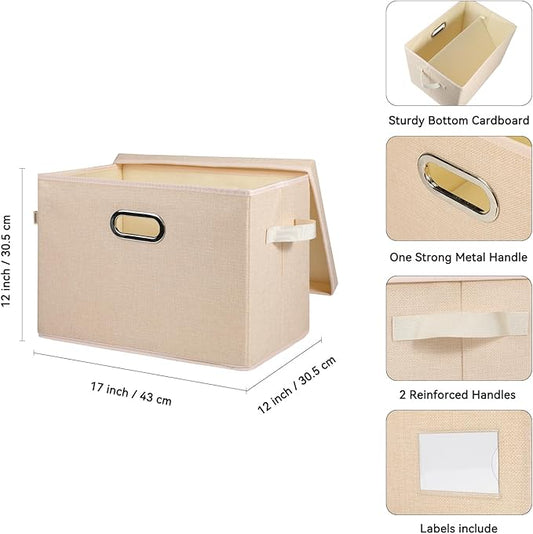 Voova Large Collapsible Storage Bins with Lids, 3 Pack Stackable Line Fabric Cube Storage Organizer, Foldable Closet Storage Boxes Baskets Containers with Cover for Clothes Bedroom Office Home,Apricot