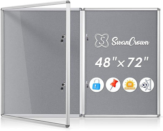 SWANCROWN Enclosed Bulletin Board 48x36 in, Tamperproof Lockable Grey Felt Board Wall Display Case for Office School Home, Aluminum Frame, 2PCS