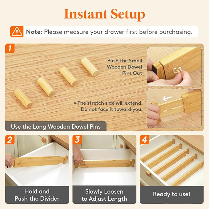 Lifewit 6 Pack Drawer Dividers Bamboo 2.4" High, 16-22" Adjustable Drawer Organizers for Clothes, Wooden Dresser Separators in Bedroom/Bathroom/Kitchen/Fridge/Office Organization and Storage