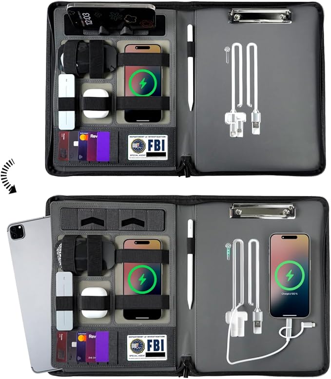 CARDSILK, Leather Zipper Portfolio Binder with Wired Charging, Clipboard – Business Organizer Padfolio folder with Built-in Power Bank, Tablet Slot, Zip Up Binder & portfolio clipboard for Women/Men