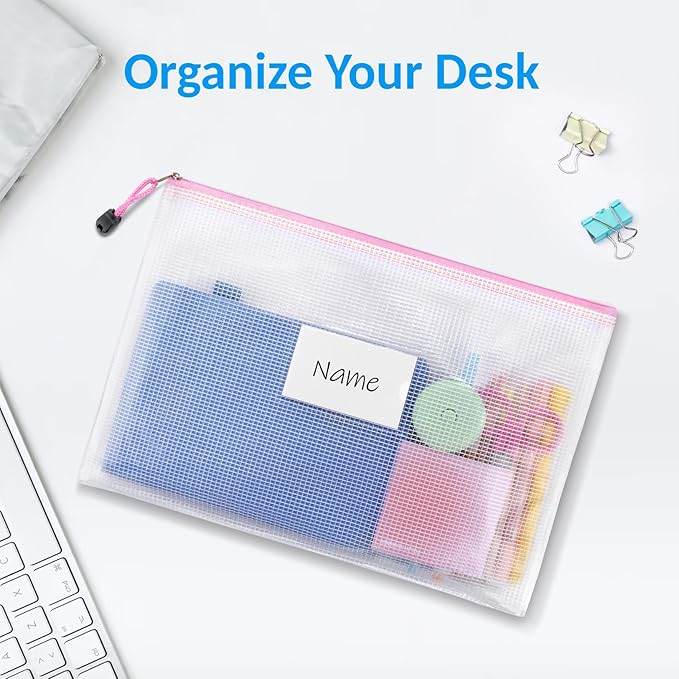 Sooez 32 Pack Mesh Zipper Pouch Bags, A4 Letter Size, Zipper Bags with Label Pocket, Waterproof Pouches for Classroom Organization, Board Game Storage, Document Bag for Teacher School Office Supplies