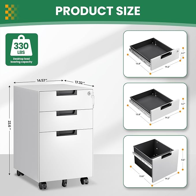 Mobile File Cabinet,3 Drawer Locking Storage Filing Cabinet,Office Metal Storage Cabinet on Wheels for Legal/Letter/A4 File(Fully Assembled,White)