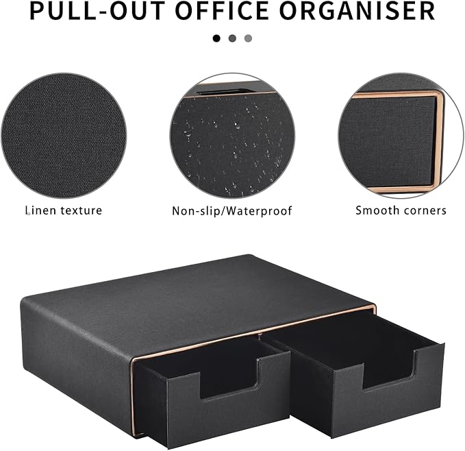 Linen Leather Desk Organizer and monitor stand with Drawers-Mini Desktop Drawer Organizer Stackable-Tabletop Organization Storage Box for Office Supplies Home Vanity Toiletries (Black, 2-drawers)