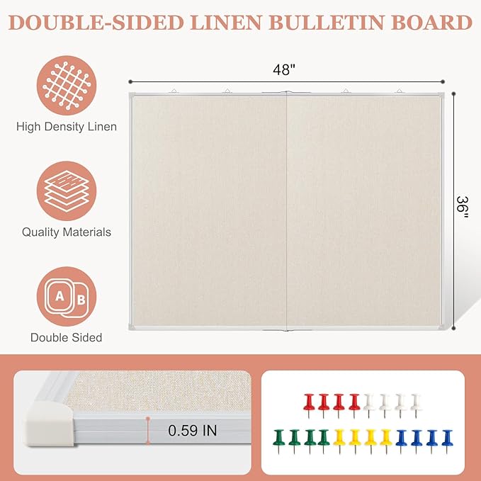 Double-Sided Large Cork Board with Linen, 48" x 36" Foldable Hanging Aluminum Framed Bulletin Board, Vision Board Pin Board Corkboards for Walls, Office, School Decor, 20 Pushpins