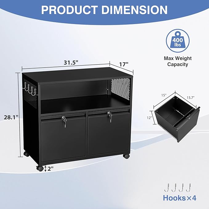 Metal File Cabinet,2 Drawer Filing Cabinet with Lock,Rolling Printer Stand Storage Cabinets with Shelves for Home Office Letter/Legal/A4 Size Files(Black)
