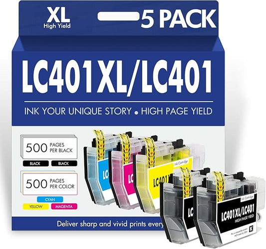 LC401XL LC401 MFC-J1010DW Ink Cartridges for Brother Printer LC 401 401XL for MFC-J1010DW MFC-J1170DW MFC-J1012DW MFC-J1800DW MFC J1010DW - 5 Pack High Yields Black Cyan Magenta Yellow