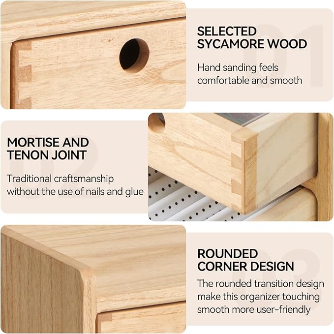 KIRIGEN Desk Organizer with 3 Drawers - Wood Drawer Storage Box with Trays for Tabletop - Workspace Office Toiletries Supplies Tool Caddy - Wooden Storage Cabinet Natural(DT1D3C-NA)