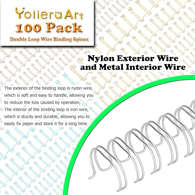 1/2 Inch Wire Cinch Book Binding Silver 3:1 Pitch, 100 Pack Double Loop Metal Spiral for Bindings Fit for School Office Notebook Maker, YolieraArt Office Products Binding Combs 100 Sheet Capacity