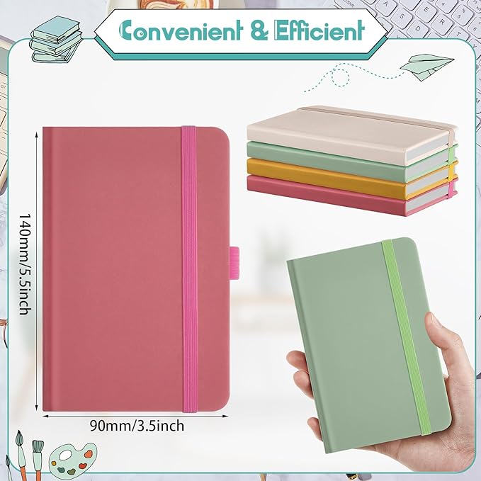 Laumoi 12 Pieces Small Notebooks A6 Pocket Journals 3.5 x 5.5 Inch Small Leather Notebook Mini Ruled Lined Journal with Elastic Band Pen Holder Page Marker Ribbons (Bright Colors)