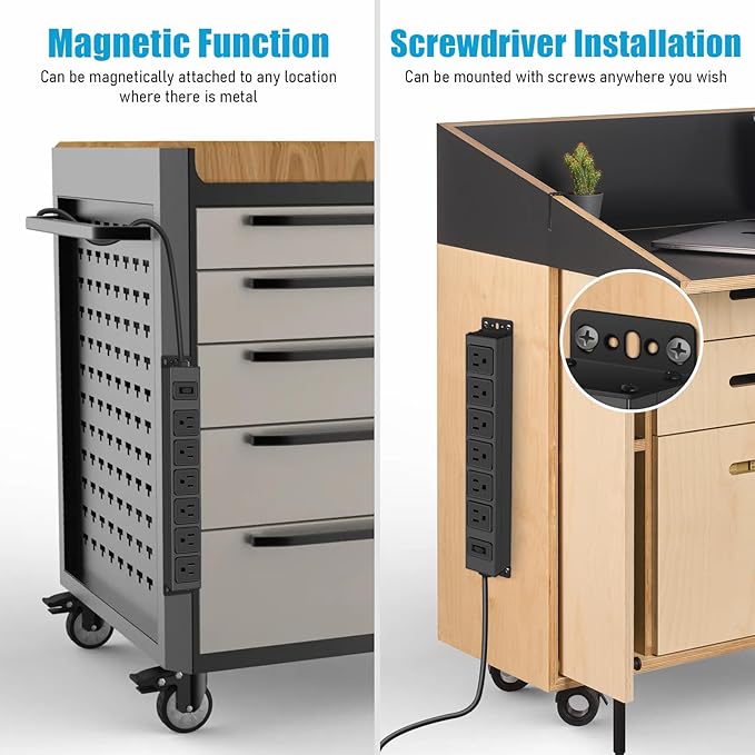 Magnetic Wall Mount Power Strip, Under Desk 6 Outlet Mountable Socket, Metal Long Heavy Duty Surge Protector for Garage, Gaming Table Or Workspace, 3FT Extension Cord.