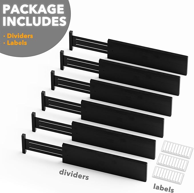 SpaceAid Bamboo Dresser Drawer Dividers 6 Pack, 4.65“ High Adjustable 17“-22” Drawer Organizers, Expandable Organization for Clothing, Clothes, Dressers, Black