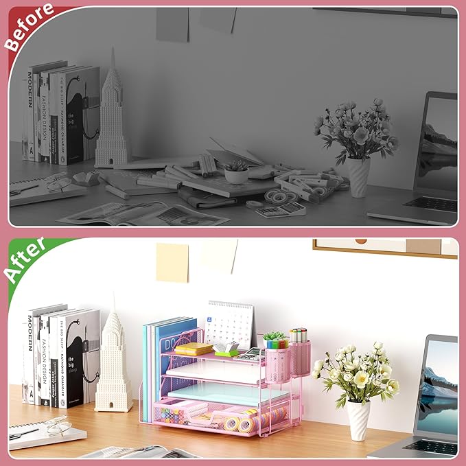 Marbrasse Desk Organizer and Accessories,4-Tier Paper Letter Tray Organizer with File Holder, Workspace Desk Organizers Accessories with Drawer and 2 Pen Holder (Pink, 15.4" x 9.1" x 8.3")