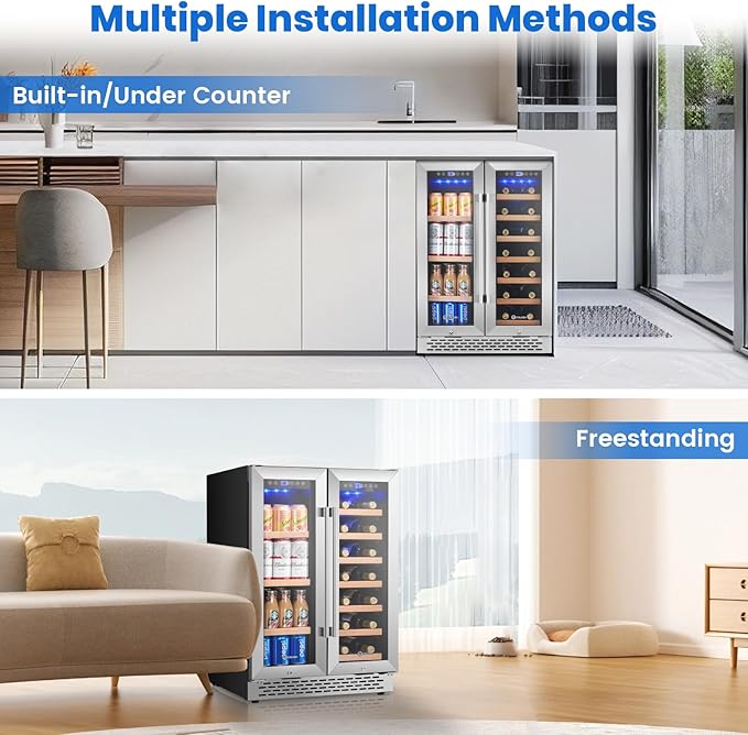 Wine and Beverage Refrigerator, 24 Inch Dual Zone Wine Cooler Refrigerator with Glass Door&Lock Quiet Compressor, Freestanding/Under Counter Beverage Fridge Holds 20 Bottles & 88 Cans for Office/Home