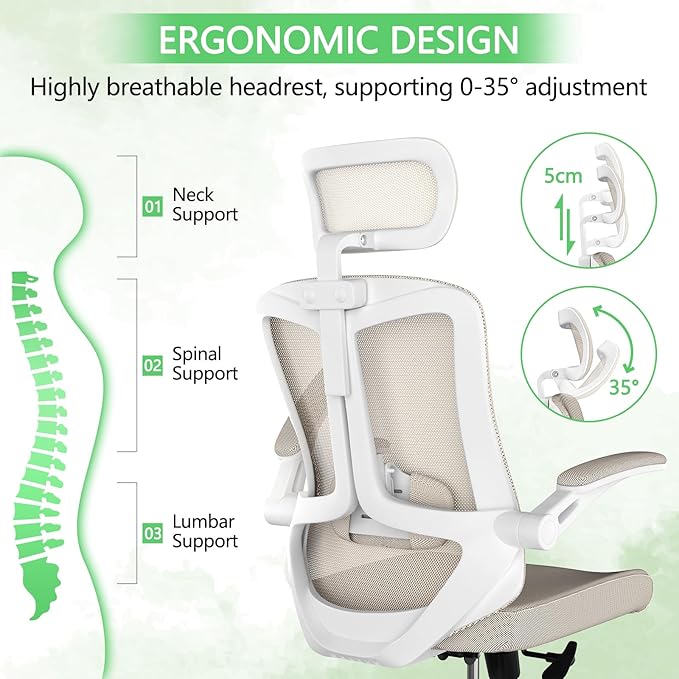 Desk Office Chair, Ergonomic High Back Comfy Computer Chairs with Wheels, Swivel Gaming Home Mesh Chair Comfortable Lumbar Support, Comfy Arms for Study, Home,Bedroom(Khaki)