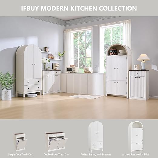 Modern Double Tilt-Out Trash Cabinet, 20 Gallon Fluted Laundry Hamper Cabinet w/2 Drawers, Wooden Hidden Garbage Can Cabinets with Storage Basket,Free Standing for Kitchen & Living Room, White