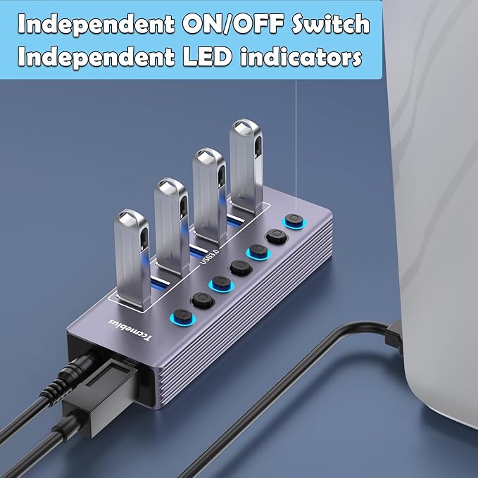 Powered 7-Port USB 3.0 Hub, USB C to 7 Ports USB Data Hub Splitter with Individual LED On/Off Switche, 3.3FT Cable, 12V/3A Power Adapter, for Laptop MacBook Pro/Air PC (Aluminum Gary)