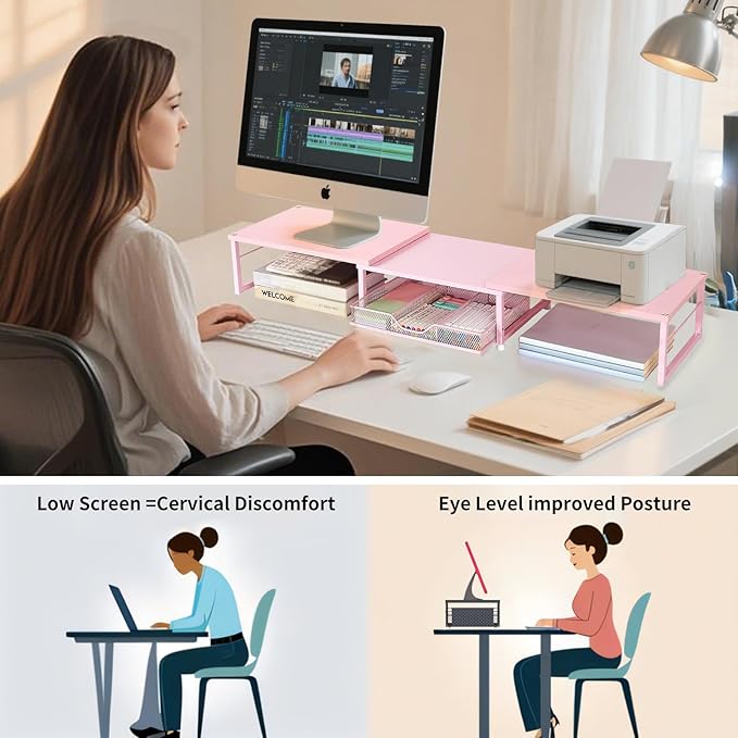 Dual Monitor Stand Riser, Desk Organizer with Drawer, Office Desk Organizers and Accessories, Office Workspace Organization Computer Monitor Stand for Laptop, Printer, TV(Pink)