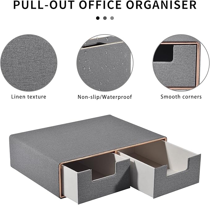Linen Leather Desk Organizer with Drawers-Mini Desktop Drawer Organizer Stackable-Multifunctional Tabletop Organization Storage Box for Office Supplies Home Vanity Toiletries (Grey, 2-drawers)