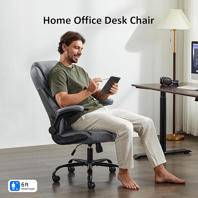 Office Chair, Executive Leather Chair Home Office Desk Chairs, Ergonomic Computer Desk Chair with Adjustable Flip-Up Arms, Lumbar Support Swivel Task Chair with Rocking Function (Gray)