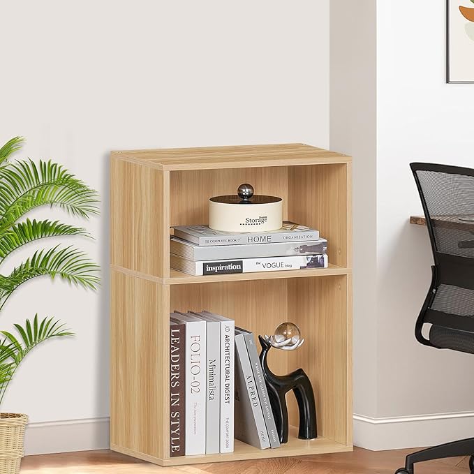 LEYAOYAO 2 Cube Bookshelf,Natural Record Player Stand Holds up to 100 Albums, Mini Wood Book Shelf Storage Organizer,Turntable Stand with Vinyl Storage Cabinet, Narrow Open Bookcase for Small Spaces