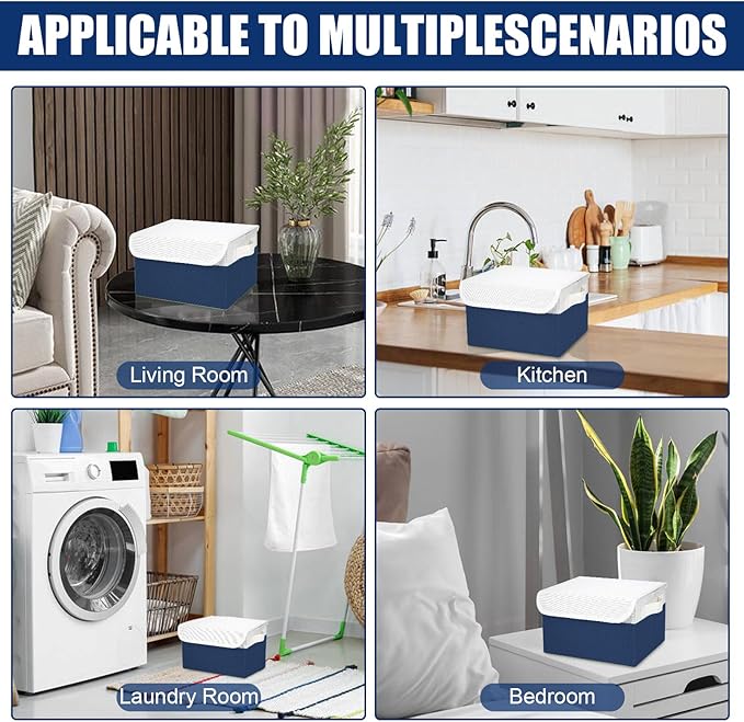 Small 8 Quart Linen Fabric Foldable Storage Bin Cube Organizer Basket with Lid & Handles, Collapsible Decorative Box Container for Home, Dorm, Closet (Navy Blue & White, 10"x8"x6", 6-Pack)