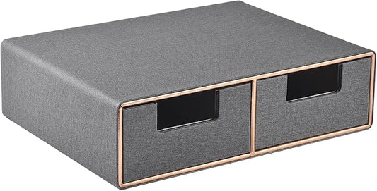 Linen Leather Desk Organizer with Drawers-Mini Desktop Drawer Organizer Stackable-Multifunctional Tabletop Organization Storage Box for Office Supplies Home Vanity Toiletries (Grey, 2-drawers)